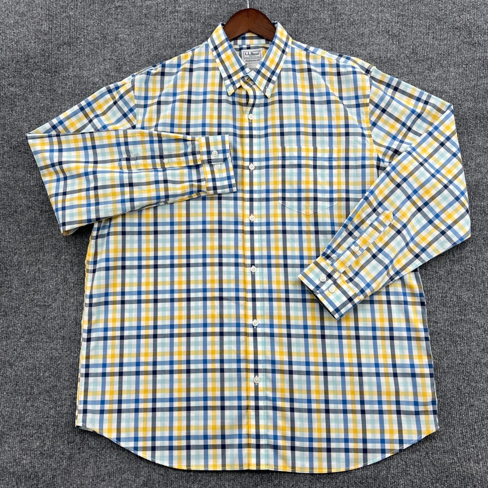 LL Bean Button Down Shirt Mens Large Blue Yellow Plaid Traditional Fit Preppy